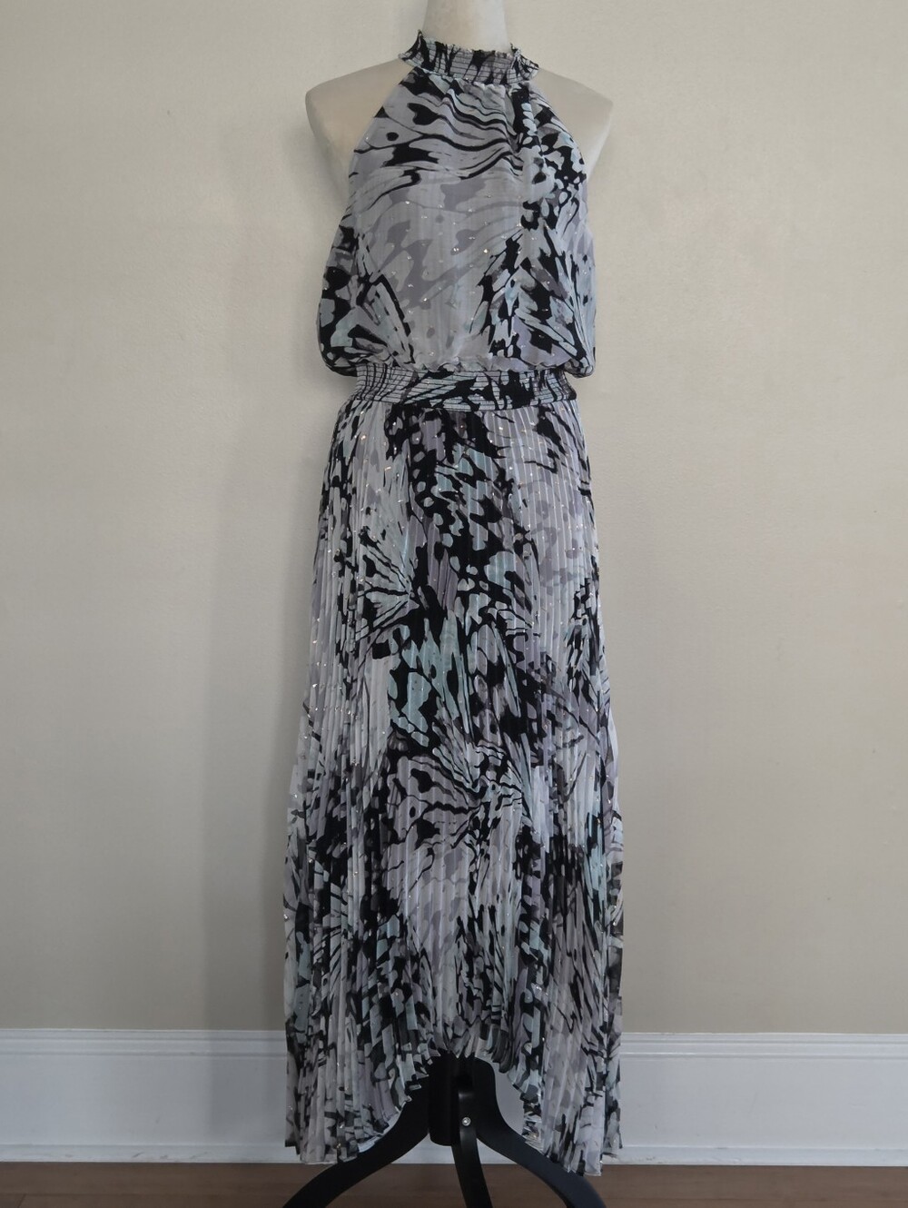 White House Black Market Pleated Halter Midi Dress in Ecru and Aquifer